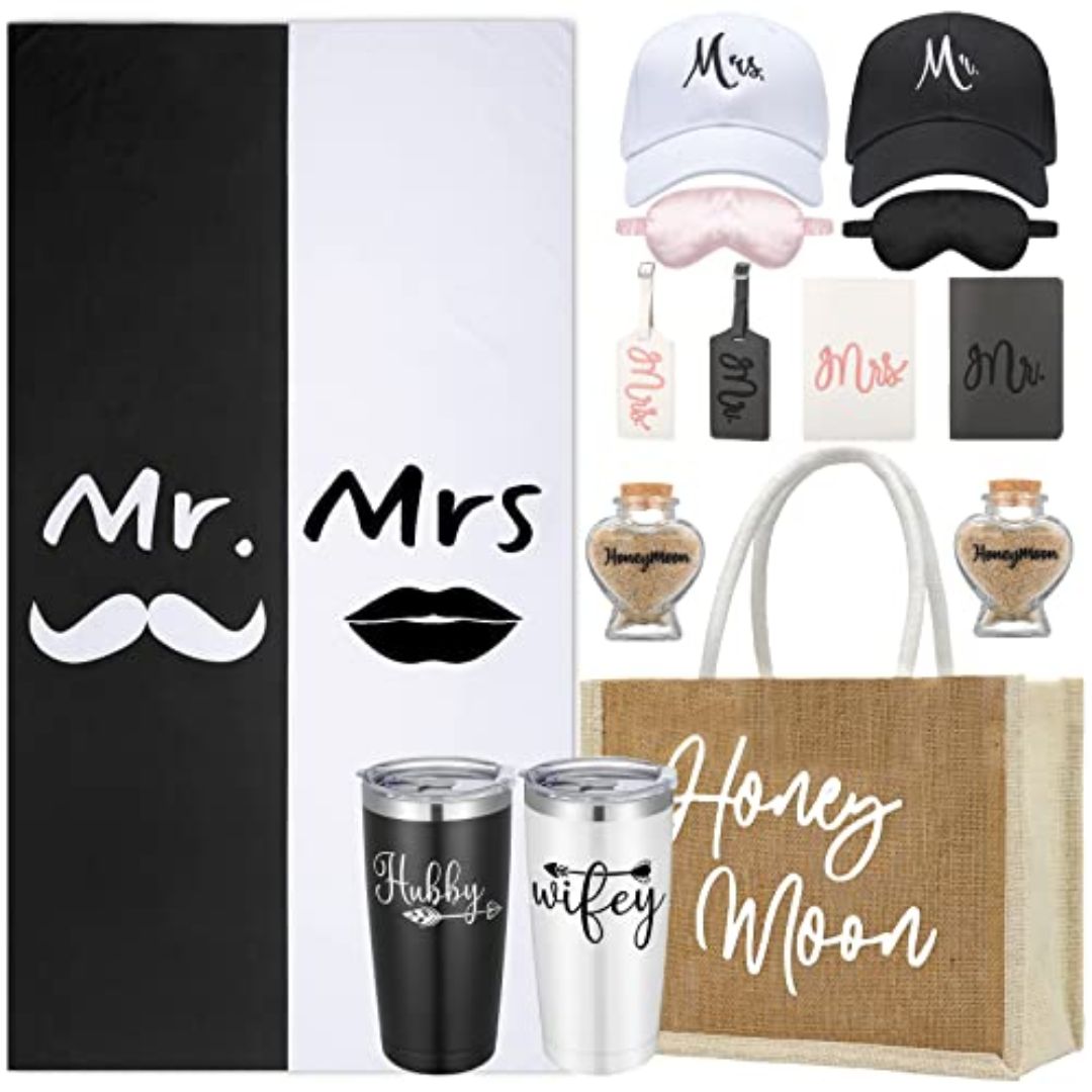 Honeymoon Gifts Bride and Groom Gifts Include Wedding Towels 20 oz Wine Tumbler Hat Passport Holder Baggage Tag Glass Bottle Honeymoon Tote Bag<br />

