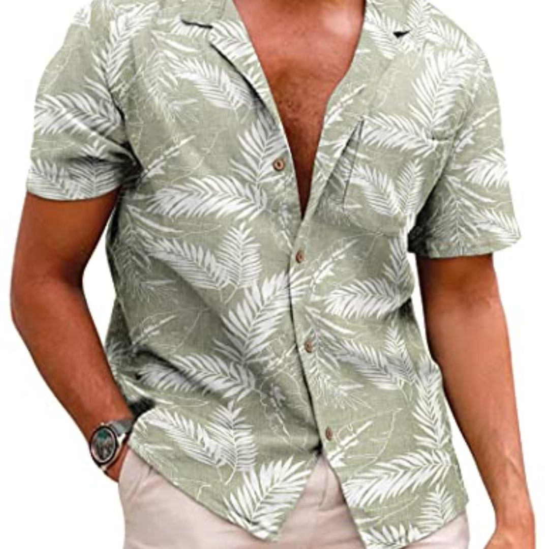 Men's Hawaiian Floral Cotton Linen Button Down Tropical Holiday Beach Shirts