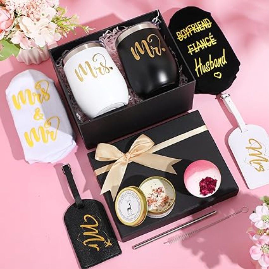 Wedding Gifts Engagement Gifts for Couples Mr and Mrs Tumbler Set with Couple Socks Luggage Tags Bath Balls Lavender Scented Candle Bridal Shower Gift Honeymoon Gifts<br />
