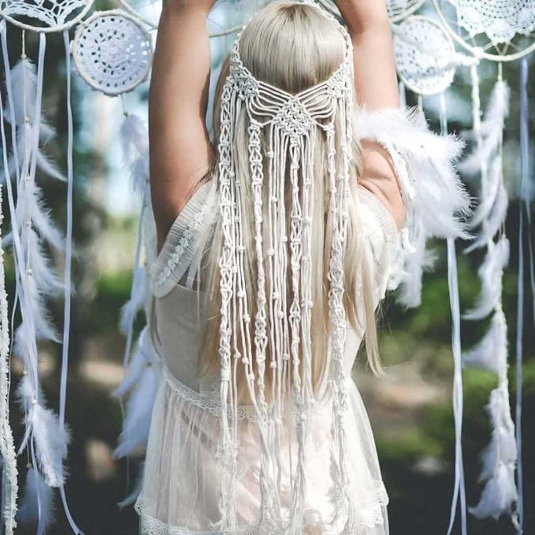 BoHo Wedding Hair and Makeup, Boho Hippie Headband Macrame Bride Wedding Veil Bridal Shower Hair Accessories for Women and Girls.