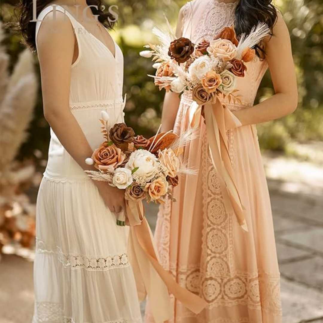Ling's Moment 7 Inch Terracotta Boho Artificial Flowers Bridesmaid Bouquets for Wedding, Wedding Bouquets for Bride, Tossing Bouquet, for Wedding Ceremony and Anniversary<br />
